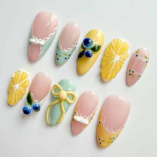 MAGLFELL Press On Nails, 10 Pcs Handmade French Almond Fake Nails, Reusable Artificial Cute Fruit Pattern False Nails for Women 3D Acrylic Nails Kit (Size L) - color: Blueberry, size: L