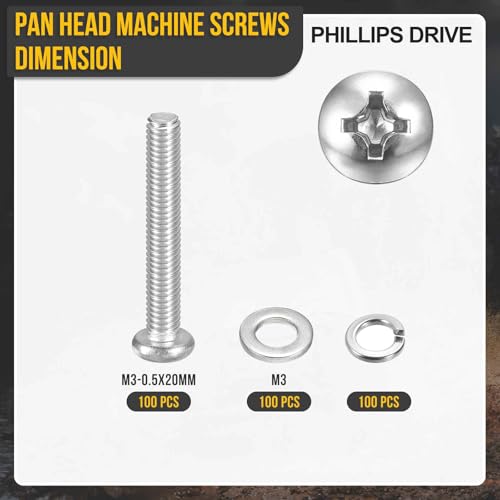DTGN M3-0.5x20 Phillips Pan Head Machine Screw W/Washer 304 Silver 300pcs - size: M3-0.5x20mm