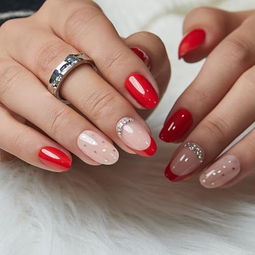 CurvLife Medium Almond Polka French Tip Press On Nails, Red Nude Rhinestone - color: Polka Dot Red French Nails with Rhinestone Accents