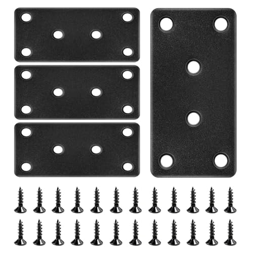 4 Pack Black Flat Mending Plates Steel Stainless Flat Bracket Mending Plate for Wood Furniture Fixing Metal Straight Brace Brackets with Screws Joining Brackets for Furniture Corner Repair (Black)