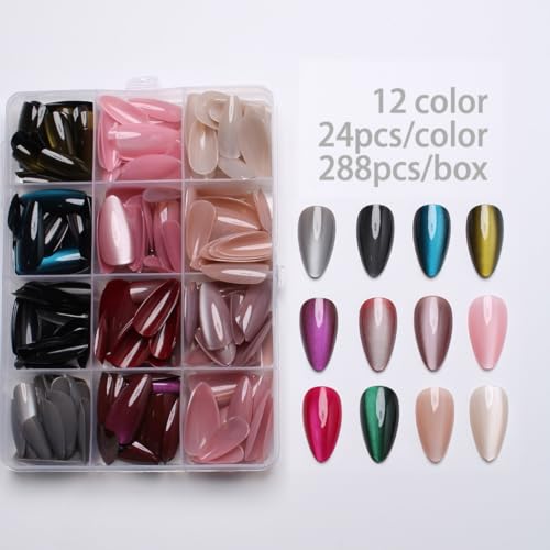 288Pcs Cat Eye Press on Nails Almond Shape 12 Color Glitter Fake Nails Medium, Sparkle Glass Nails Press on, Shiny Acrylic Glue on Nail Gradient Stick on Nail for Women Manicure - color: Style 10