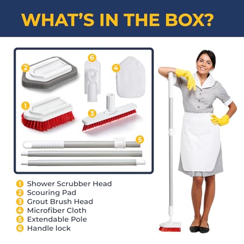 Shower Scrubber with Long Handle, Stiff Bristles Grout-Brush, Tub Scrub-Brush with Long-Handle, Shower-Cleaner Brush - color: White
