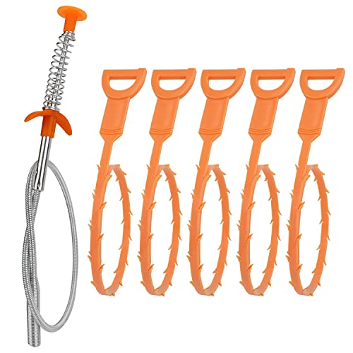 Amazon Basics Drain Clog Remover Tool, 6 Pack with 5 Plastic and 1 Stainless Steel Drain Snakes, Hair Unclogger for Toilet, Kitchen Sink, Bathroom Tub, Shower, Sewer