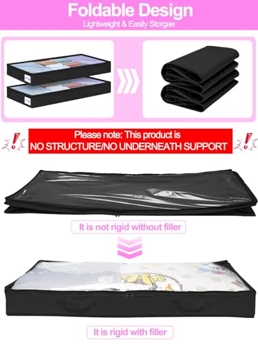 punemi 4" Tall Soft Low Profile Under Bed Storage Containers, 2 Pack, Black - color: Black, size: 2 Pack-4 inch Tall-Soft