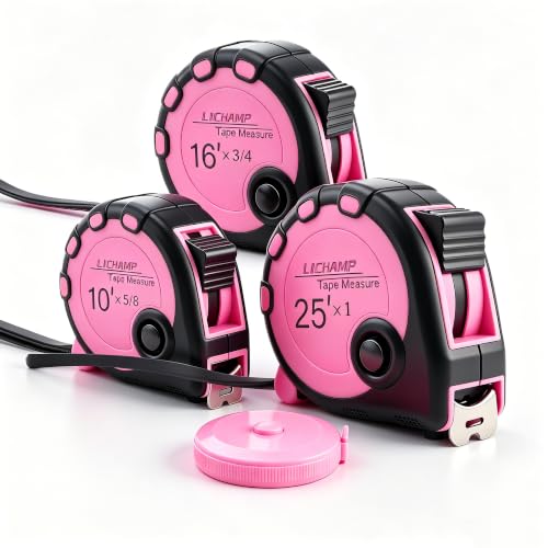 Lichamp Pink Tape Measure 4 Pack, 10ft x 5/8in, 16ft x 3/4in, 25ft x 1in