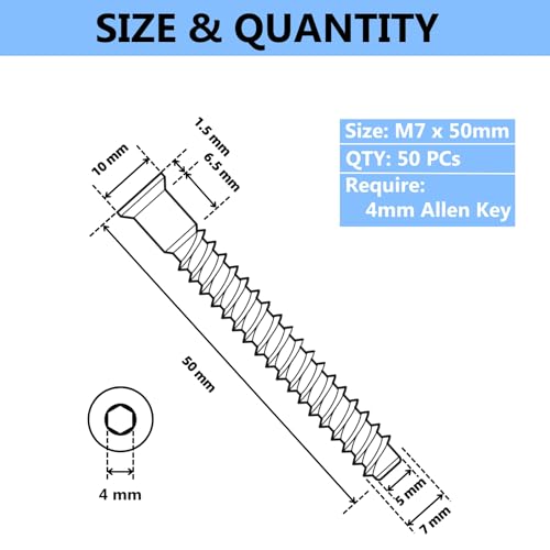 M7 x 50mm Confirmat Screws Black 50 PCs, Hex Socket Drive Countersunk Furniture Connecting Self-Tapping Screw Set Carbon Steel Zinc Plated - color: Black, size: M7x50mm
