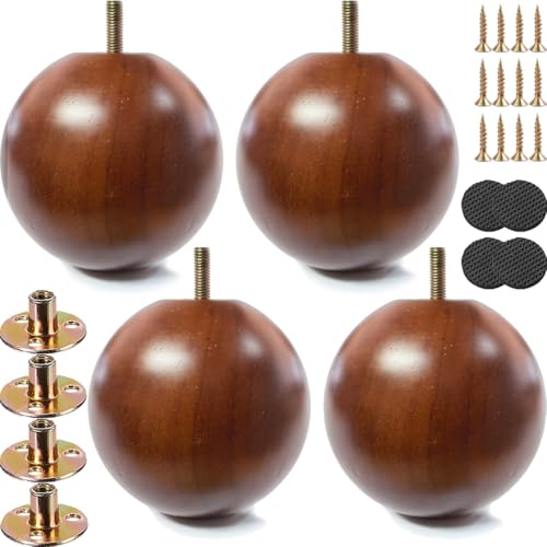 Solid Wood Sofa Replacment Parts 4 Inch Round Ball Shape Furniture Legs for Sofa Couch Ottoman Loveseat Cabinet Legs Furniture Feet Set of 4 (Walnut) - color: Walnut