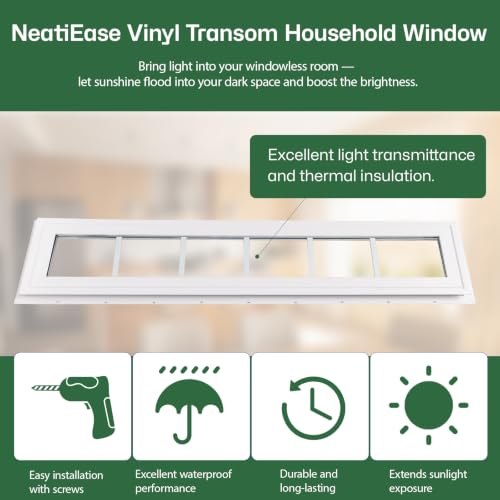 NeatiEase Vinyl Transom Window, 12" x 42" Fixed Glass Household Windows with Grids and Dual-pane Tempered Glass for House, Shed, Doors, Garage, Chicken Coop, Basement (White) - size: 12"x42"