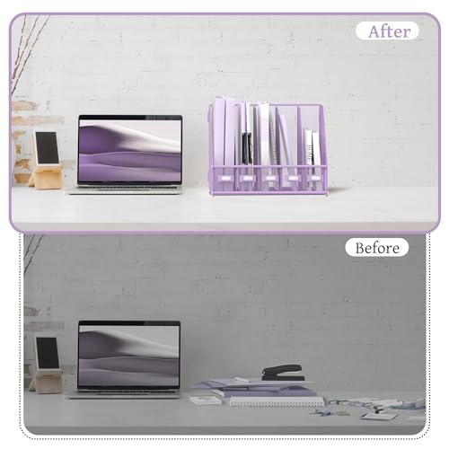 SUPEASY Desk Organizers Metal Desk Magazine File Holder with 5 Vertical Compartments Rack File Organizer for Office Desktop, Classroom, Home Workspace, Purple - color: Purple, size: Small