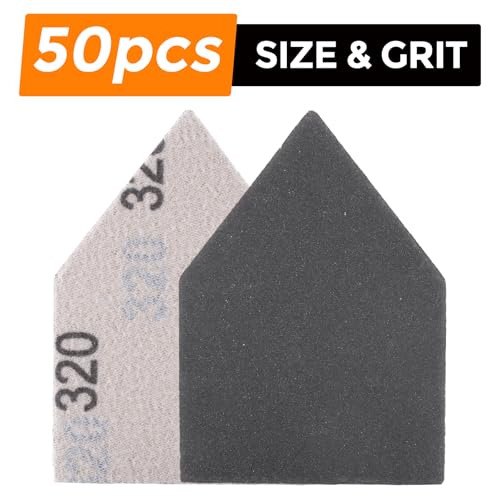 POLIWELL Silicon Carbide Sandpaper 50-Piece Pack 90mm x 65mm 320 Grit Triangle Sanding Sheets with Hook & Loop Fastening Replacement for Milwaukee M12 Orbital Detail Sander Accessories - size: 320 Grit