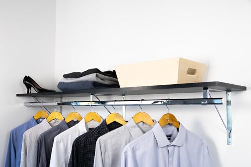 Custom Cut-to-Size Premium Wall-Mounted Shelf with Rod and Bracket Kit. 3/4" Thick Shelves, 14 inches deep. Customize the Length from 16" up to 72". - color: Black - Chrome, size: 44 - 72