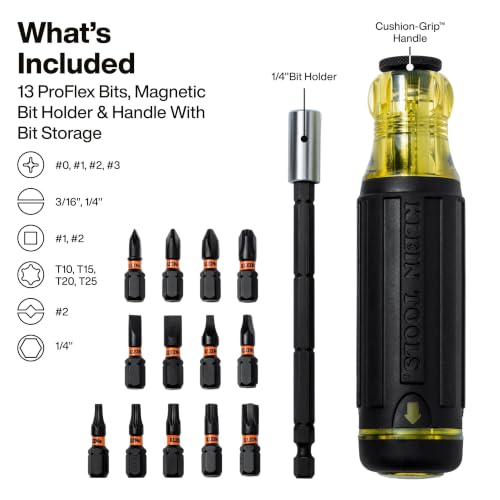 Klein Tools 32303 Multi-Bit Screwdriver/Nut Driver, Impact Rated 14-in-1 Magnetic Screwdriver Set Phillips, Slotted, Square, Combo, Torx - size: 14-in-1