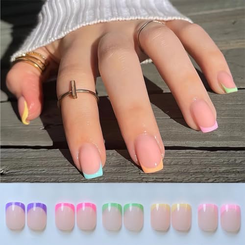240Pcs French Tip Press On Nails Short Square Fake Nails Press Ons Set Full Cover Acrylic Glue on Nails Reusable Glossy Artificial Nail Kit False Nails for Women Girls Manicure 12 Color - color: Color French Tip Short Square