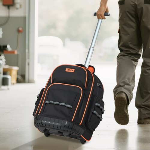 VEVOR Rolling Tool Backpack, 110 lbs Load Capacity, 45 Pockets Heavy Duty Roller Tool Bag on Wheels, Adjustable Telescoping Handle & Stable Base, Toolbag Organizers for Construction, Mechanic - style: Tool Backpack