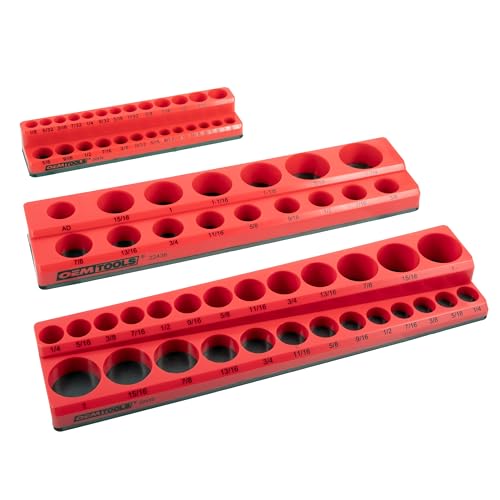 OEMTOOLS 22484 3-Pc Magnetic Socket Organizer for 68 SAE Sockets | SAE Magnetic Socket Holder, Non-Marring Rubberized Base Socket Holders, Holds 1/4, 3/8, 1/2 Inch Sizes, Clearly Marked Sizes - style: 3Pc Red