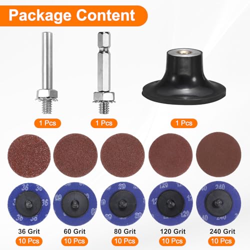 HARFINGTON 53pcs Quick Change Discs Set 1.8" Lock Sanding Discs with 1/4" Shank Pad Holder 36/60/80/120/240 Grit Surface Conditioning for Polish Rust Removal - size: 2"