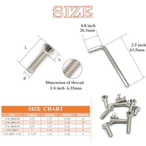 38pcs 1/4-20 5 Sizes Countersunk Head Screws, Flat Socket Head Cap Screws Assortment Kit with Allen Keys, 304 Stainless Steel Socket Cap Bolts Flat Countersunk Head Machine Screws - size: 304-5Size-1/4-38P
