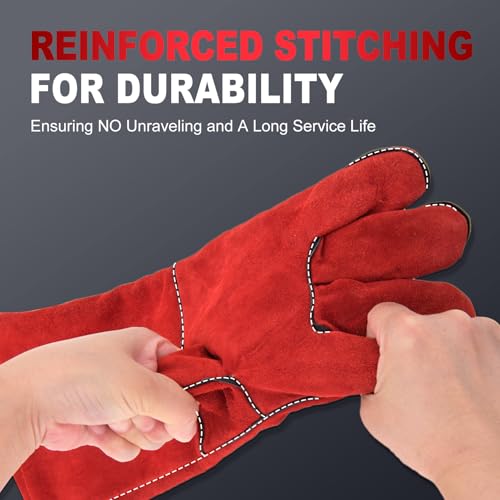 TOPDC Welding Gloves 14 Inch Heat Resistant Leather For Mig Stick Forge - color: 14 Inch Red