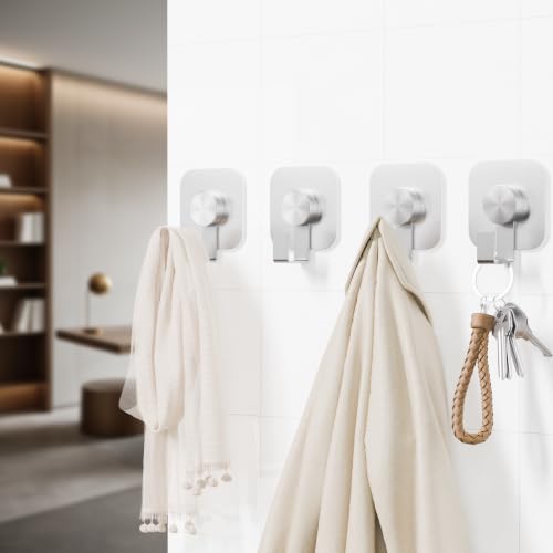 Aikzik 4 Pack Large Heavy Duty Wall Hooks - 26lb Max, Stainless Steel Adhesive Towel Hooks for Hanging Coat, Towel, Robe, Keys, Sticky Shower Hook for Door, Home, Bathroom, Kitchen, Office- Silver - color: Silver