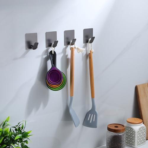DELITON Towel Hooks for Bathrooms - 4 Pack Adhesive Wall Hooks Heavy Duty No Damage, Coat Robe Sticky Hooks for Hanging Waterproof SUS304 Stainless Steel, Grey - color: Gray