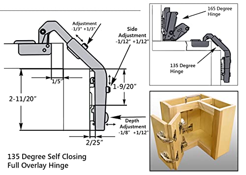 Berta (2+2) 135/165 Degree Hinges Combination, Full Overlay, 2-Cam 4-Way Adjustment, Concealed Frameless Lazy Susan/Bi Folding Cabinet Door Hinges Set with Screws (135 & 165 Degree Soft Close Hinges)