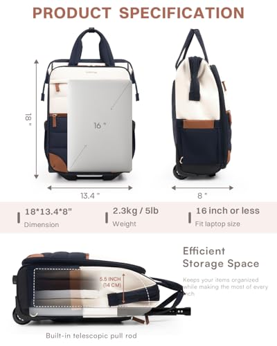 Rolling Puffer Backpack for Women, Travel Backpack with Wheels, 16 Inch Wheeled Laptop Backpck, Dual-Opening Design Overnight College Underseat Carry on Luggage, Roller Business Work Bag, Navy Blue - color: Navy Blue