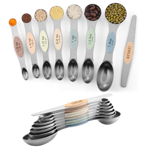 ChefAide Set of 8 Magnetic Measuring Spoons, Stainless Steel, Dual Sided - color: Multicolor-7, size: Magnetic Measuring Spoons
