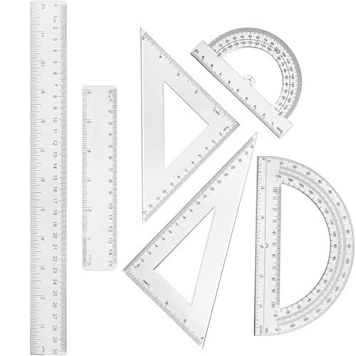 Tenare 6 Pcs Math Geometry Ruler Straight Protractor Triangle, Clear - color: Clear