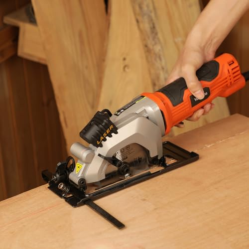 Yunirvana 4Amp 3500RPM Mini Circular Saw with Laser Guide, Vacuum Adapter, Blade Wrench and Rip Guide, Max. Cutting Depth1-5/8"(90°), 1-1/10"(45°）Compact Saw with 2 pcs 4-1/2" 24T TCT Blades - style: 4A Circular Saw