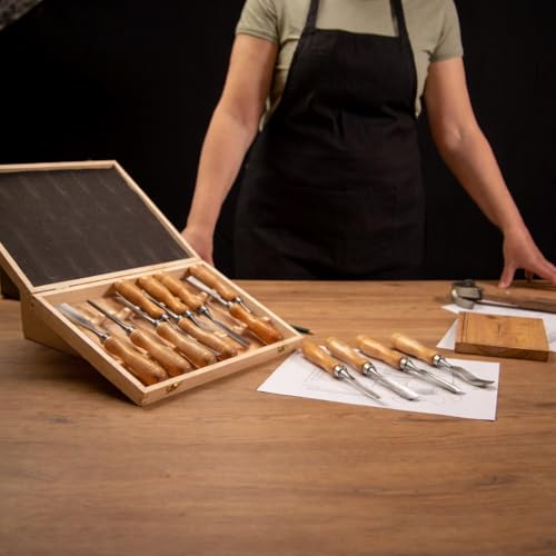 12-Pieces Wood Carving Tools Set – Professional Carving Chisel with Razor Sharp CRV-60 Steel Blades and Wooden Handles in a Wooden Storage Case- Wood Carving Kit