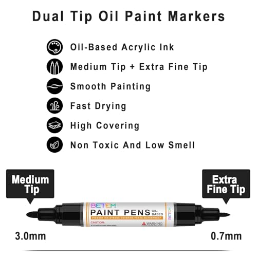 Betem 4 Oil Based Black White Paint Pens, Permanent Fabric Paint Markers - color: 2 Black & 2 White