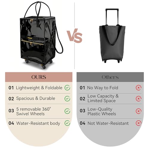PASMAN Reusable Foldable Rolling Grocery Bag on 5 Wheels,Medium,Black - color: Black, size: Medium