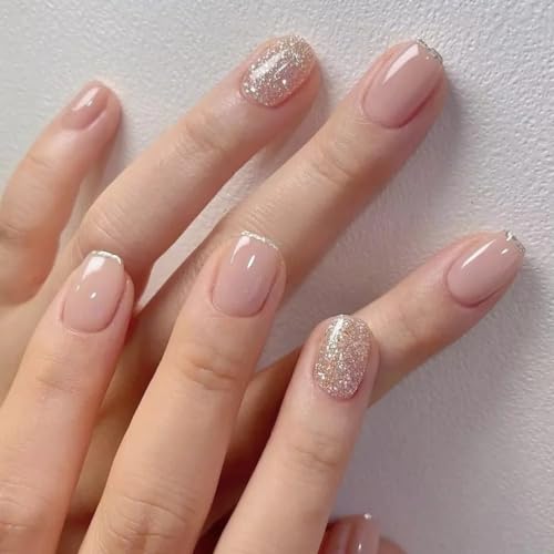 CurvLife Short Square Press On Nails, Gilt Silver, Soft Gel - color: Gilt silver