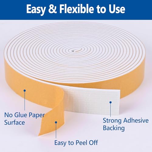 Kikerike Self Adhesive Foam Tape Weatherstrip 1/2in x 1/4in x 16.5Ft High Density Foam Insulation Strips Seal Weather Stripping with Strong Adhesive for Door and Window Sound Isolation Soundproofing - size: 1/2in x 1/4in x 16.5Ft