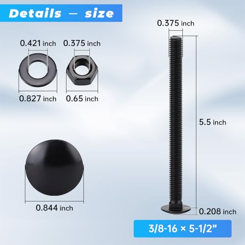 Glvaner (6 Sets) 3/8-16 x 5-1/2" Stainless Steel Carriage Bolts Screws Black and Hex Nuts & Flat Washers Black, Round Head Square Neck, 304 Stainless Steel 18-8, Full Thread Coverage - size: 3/8-16 x 5-1/2"