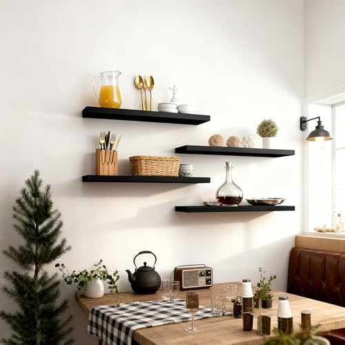 ROGMARS Black Floating Shelves for Wall 36 inch Rustic Solid Wood - color: Black, size: 36 Inch set of 4