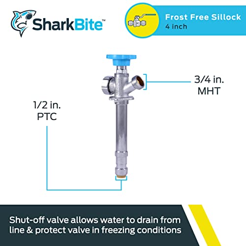 SharkBite 4 Inch Frost Free Sillcock, 1/2 x 3/4 Inch MHT, Push to Connect Brass Plumbing Fitting, PEX Pipe, Copper, CPVC, PE-RT, HDPE, 25743LF - size: 4 in.