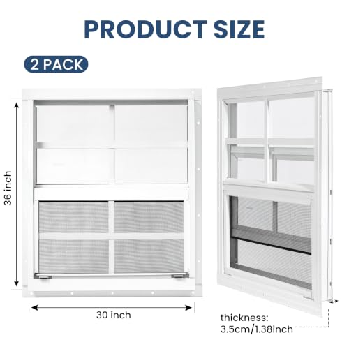 2 Pack Shed Windows, Chicken Coop Windows, 30" x 36" White - color: White, size: 30" x 36"