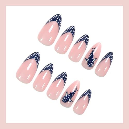 Summer Press On Nails Short Almond Nude with French Tip Blue Whale Shark - color: Style24