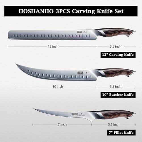 HOSHANHO Carving Knife Set 3PCS, Japanese Brisket Slicing Knife Sets - size: 12"