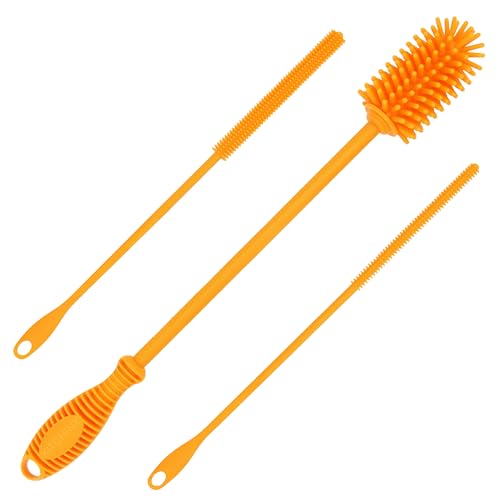 Kitchiny Silicone Bottle Brush 12.5 inch with 2 Straw Cleaners – Orange | Bottle Cleaner Brush for Yeti, Hydro Flask, Owala, Stanley, Baby Bottles, Vases & Narrow Neck Containers - color: Orange