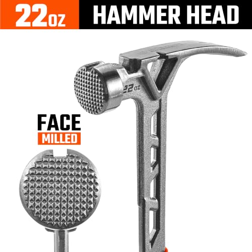 VANQUISH Framing Hammer 22oz One Piece Forged Straight Claw Hammer with Milled Face & Shock Reduction Grip, Claw Hammer with Magnetic Nail Holder Side Nail Puller, 0630-M - size: 22oz Milled Face