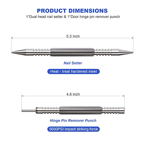 Glieskir 2-Piece Spring Nail Set and Hinge Pin Punch, 1/16 and 3/32 Inch | Spring-loaded, hammerless nail setters with 1/16 and 3/32 inch tips for setting nails and removing door hinge pins