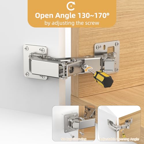 Furniware 2 Pair 170 Degree Frameless Soft Close Cabinet Hinges, Heavy Duty Hidden Hydraulic Lazy Susan Hinges Concealed for Corner Cabinet, Crawlspace Trap Door, Wardrobe(No Cup Grooving) - size: 170 Degree