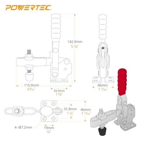 POWERTEC 4PK Toggle Clamp, 500 lbs Capacity, 12130 Quick Release Vertical Clamps w/Antislip Rubber Pressure Tip for Woodworking Jigs and Fixtures, Welding, Drill Press, Crosscut Sled (20335-P2) - size: 12130, 4PK