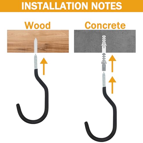 KURUI Large Heavy Duty Screw Hooks for Hanging Plants, Outdoor String Lights, Bike, 8 Pack Ceiling Hooks for Garage Organization and Storage, Black No Drill Wall Hangers - size: 5.7 Inch