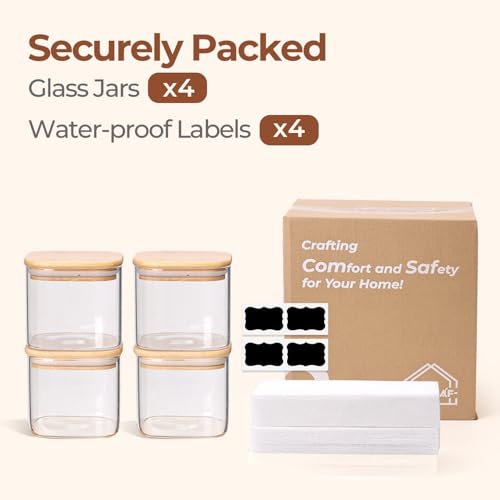ComSaf Square Glass Containers with Lids 0.7 Qt, Set of 4 Pantry Glass Jars | Glass Storage Containers with Lids, Small Canisters, Spice Jar, Bamboo Lid with Silicone Seal, Size For Subpackage, BPA Free - size: 0.7Qt*4