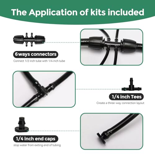 Maotong 100FT 1/4 inch Drip Irrigation Tubing Distribution Hose Tube for Garden Irrigation System (Includes 1 pack 6-Way Connector and 20pcs 1/4" Tee Splitters and End Plugs) - size: ‎100FT 1/4" Tubing