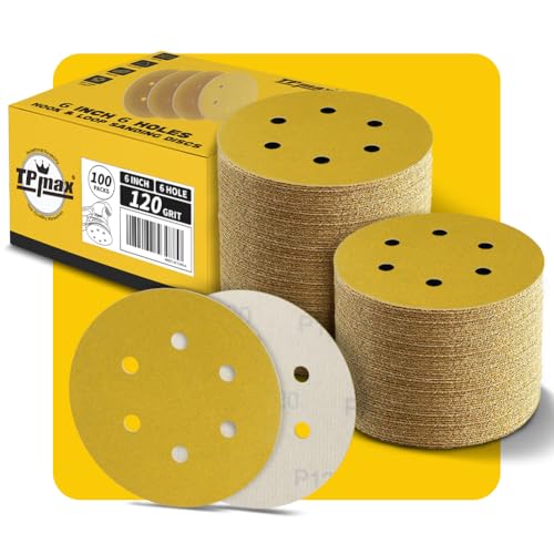 100PCS 6 Inch 120 Grit 150mm 6 Hole Sanding Discs Sandpaper - Premium Gold Round Hook and Loop for Random Orbital Sander - Ideal for Wood, Metal, Automotive - style: 120 Grit - 100 Pack
