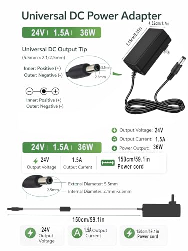 24V 1.5A Power Supply AC Adapter, 100-240V 50-60Hz to DC 24V 1.5A Switching Converter, DC Power Cord with 5.5x2.5mm/2.1mm Plug